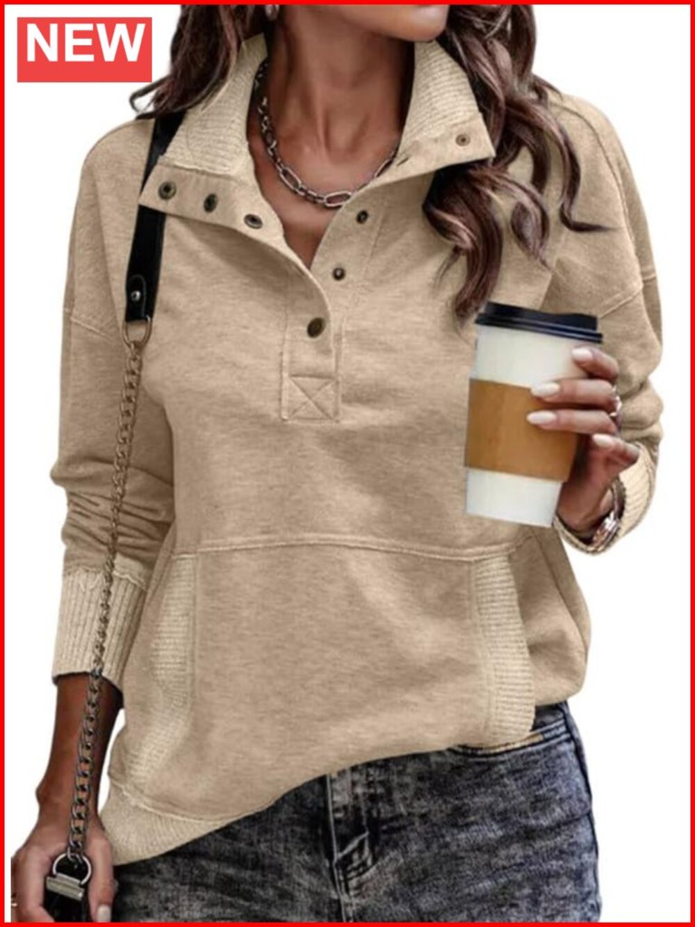 Casual Long Sleeve Pullover Sweatshirt with Button Neck